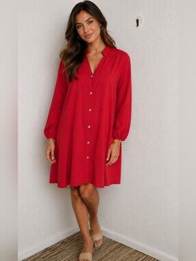 Red Longsleeve V-neck Shirt Dress with Accent Buttons Down the Front Sz Medium